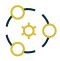 A gear with dots circling around it.